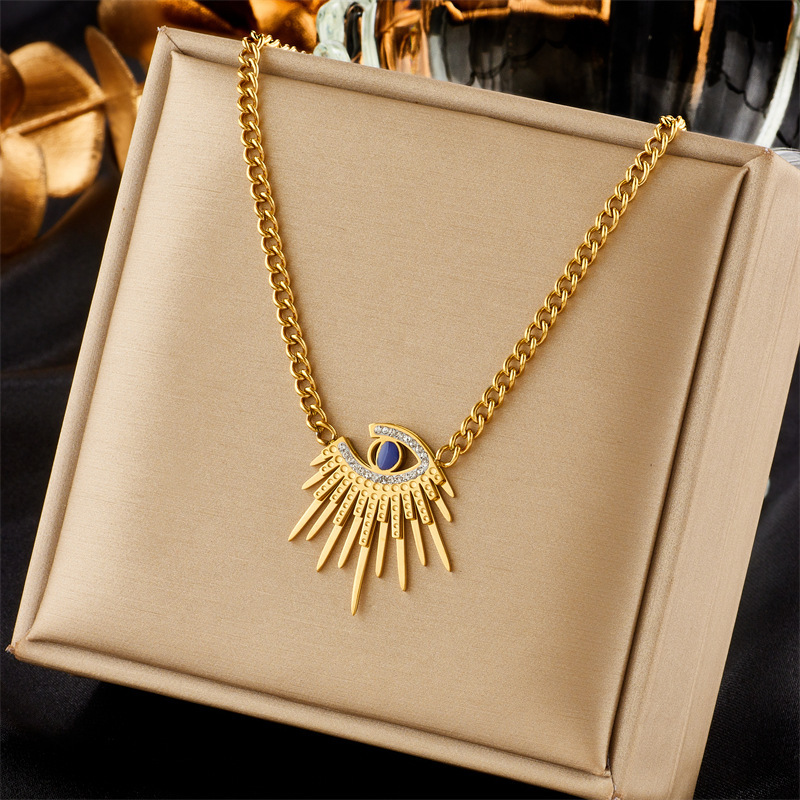 European and American cross-border fashion, high-end irregular sun demon blue eye diamond pendant titanium steel necklace