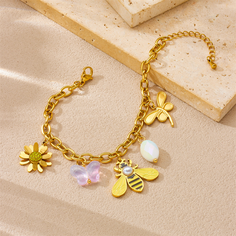 New cross-border product: Gold-plated multi-element accessories, insect and animal pendant, butterfly, bee, flower, stainless steel chain bracelet.