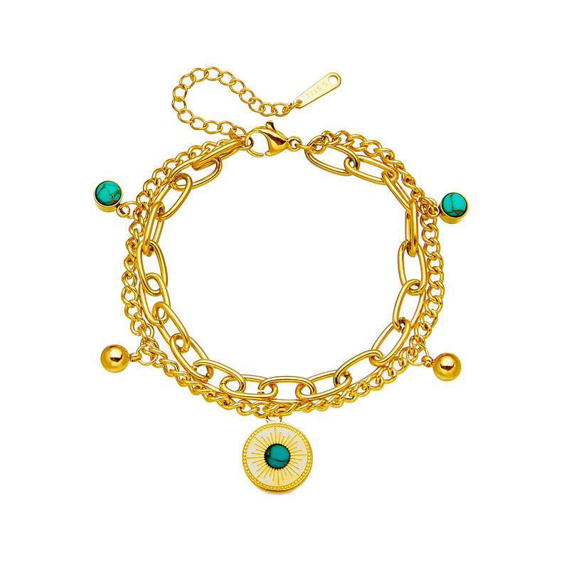 European and American cross-border niche minimalist fashion high-end double-layer retro gold titanium steel round pendant blue turquoise bracelet