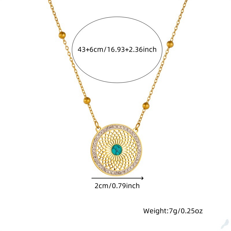 European and American niche style retro ethnic style hollowed-out pattern turquoise inlaid stainless steel earrings and necklace set