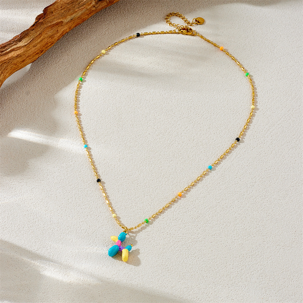 Korean style cartoon dripping colored balloon dog cute 3D dog pendant round bead chain stainless steel necklace