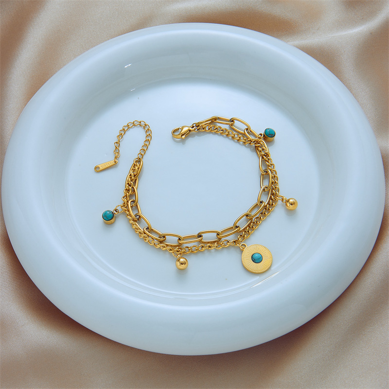 European and American cross-border niche minimalist fashion high-end double-layer retro gold titanium steel round pendant blue turquoise bracelet