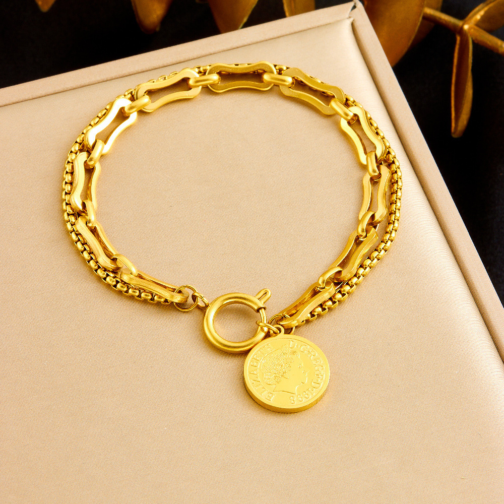 European and American style retro unisex gold-plated stainless steel coin, round, star pendant, tassel earrings, necklace, bracelet