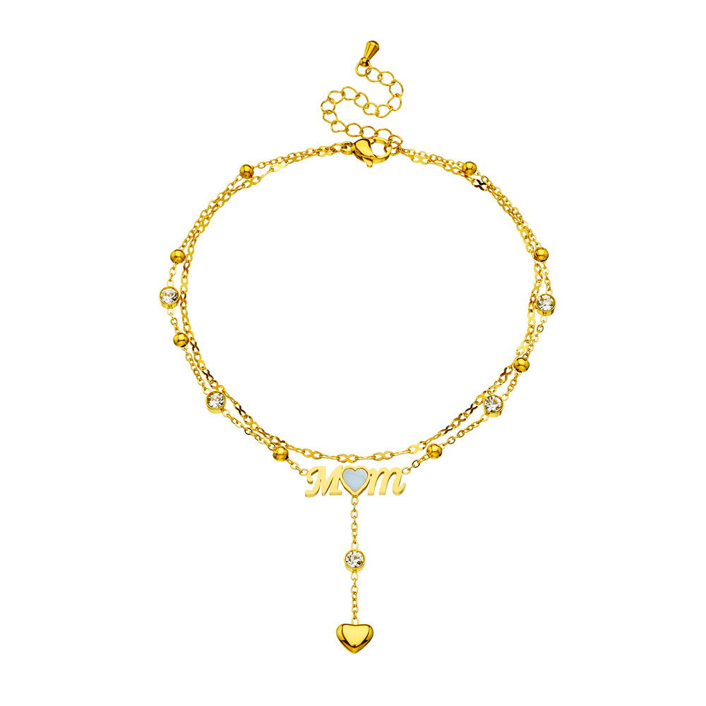 Korean style niche diamond-encrusted heart letter mom tassel chain stackable stainless steel jewelry gold-plated women's anklet