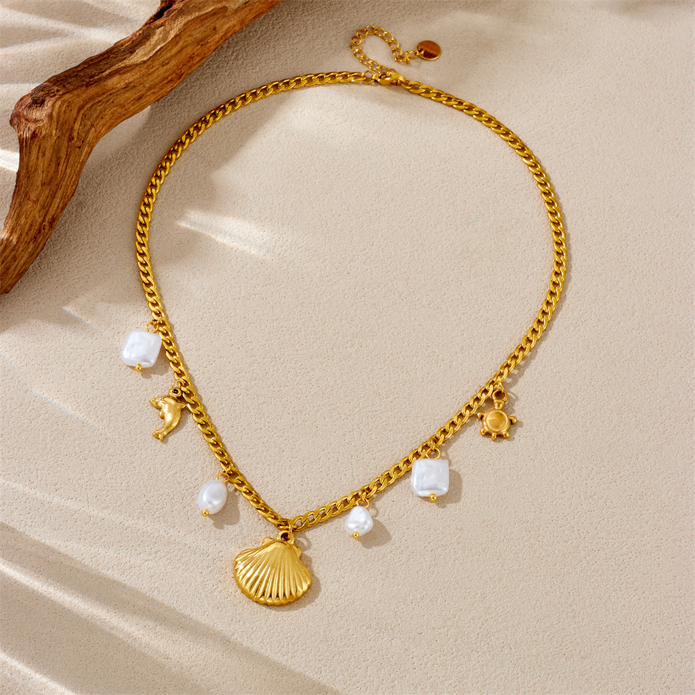 European and American cross-border stainless steel gold-plated seashell dolphin turtle pearl square pendant chain ocean series necklace
