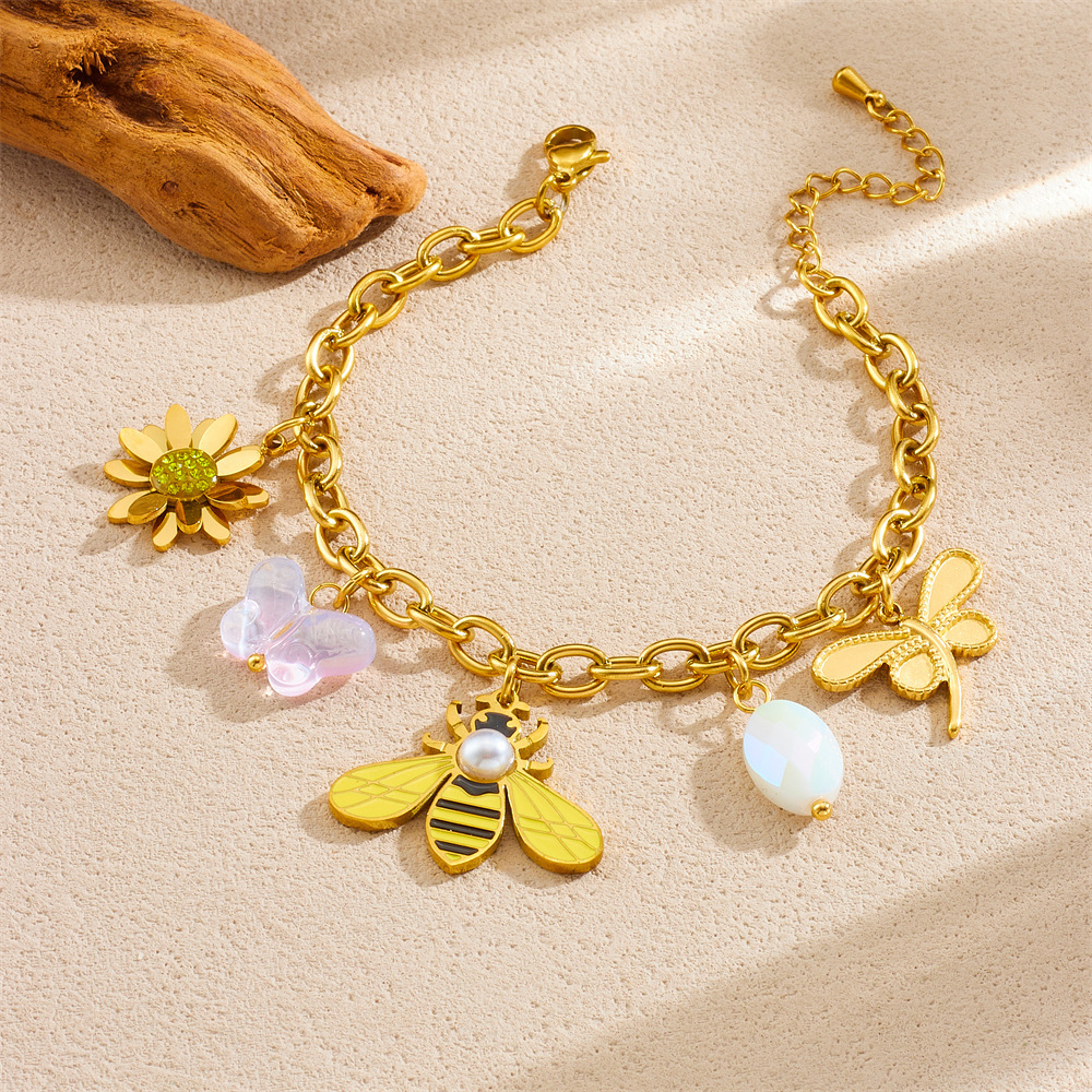 New cross-border product: Gold-plated multi-element accessories, insect and animal pendant, butterfly, bee, flower, stainless steel chain bracelet.