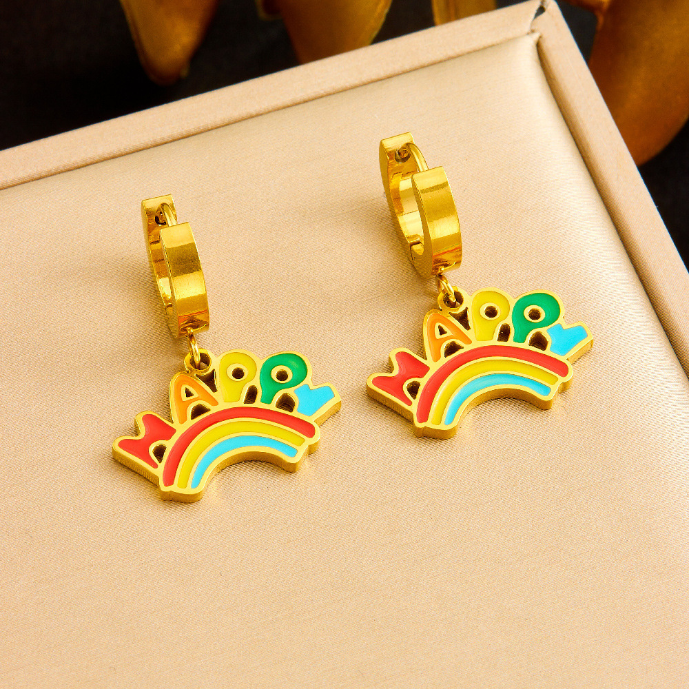 A unique and trendy cute cartoon-style jewelry set featuring a rainbow pendant with turquoise flowers and mixed elements.