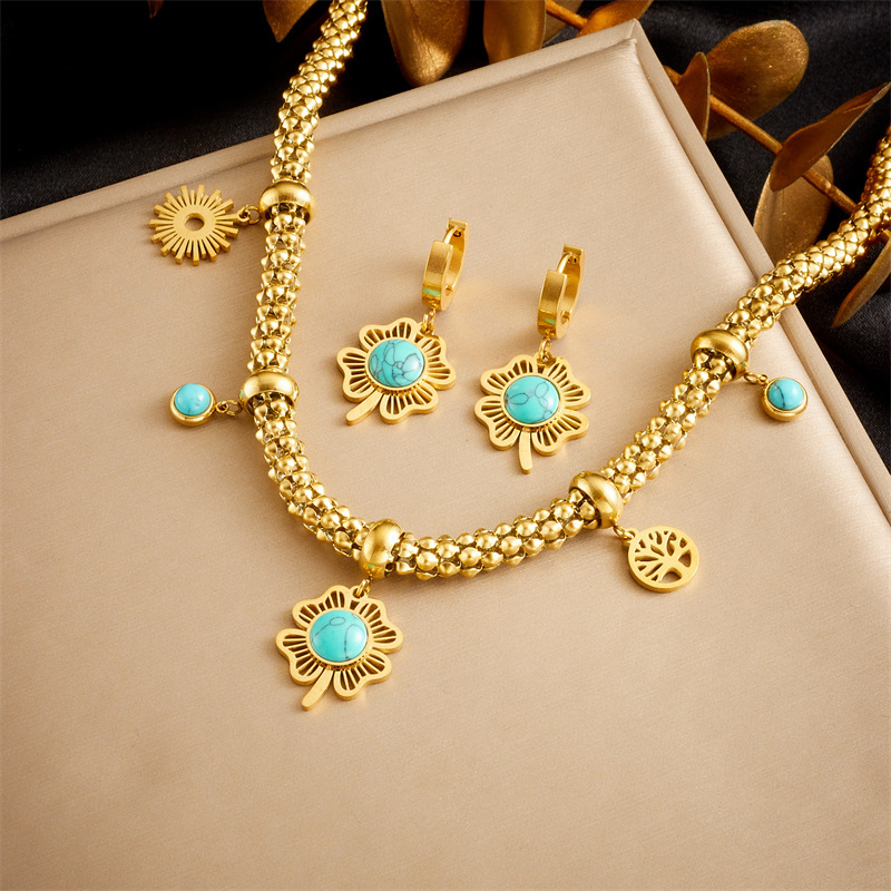 European and American style, retro and high-end, blue turquoise four-leaf clover tree of life round pendant earring necklace set