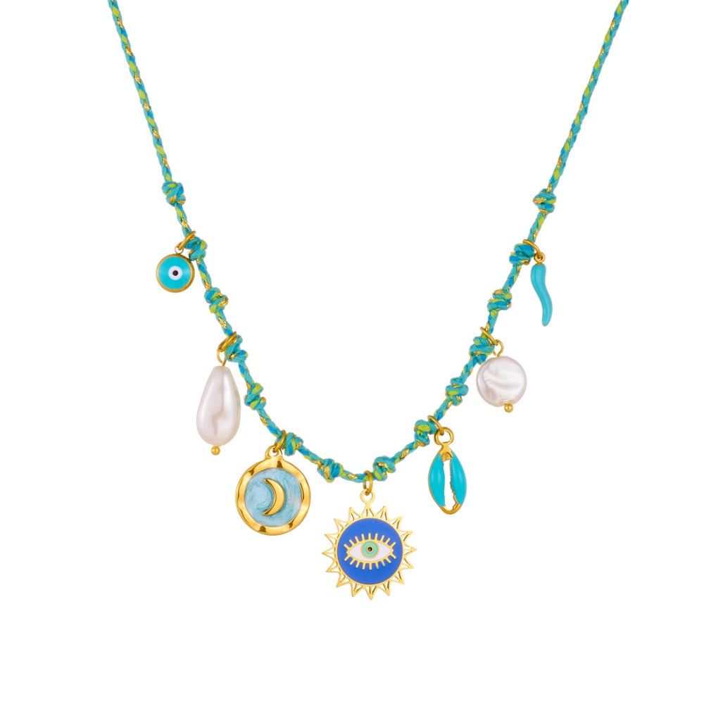 European and American trendy braided seashell moon drop stainless steel women's sun eye pendant necklace