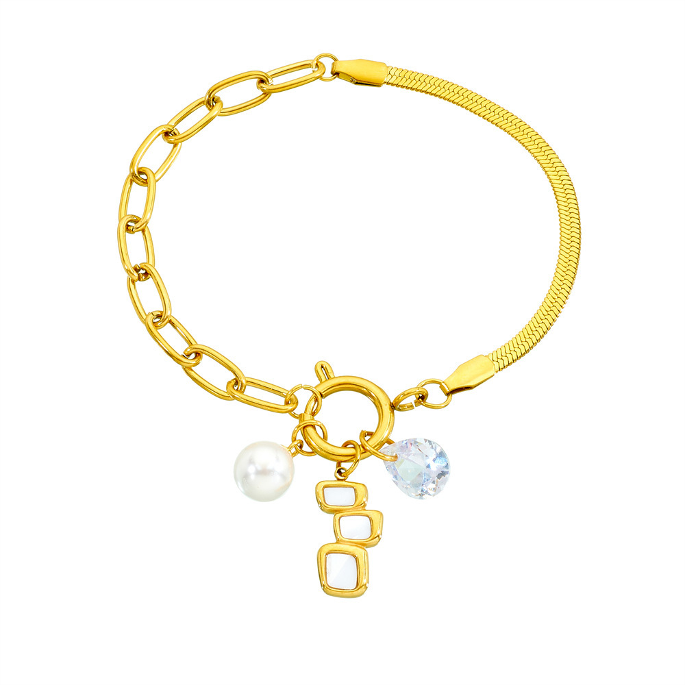 Cross-border fashion, elegant and versatile gold-plated heart-shaped square white shell pearl teardrop pendant irregular stainless steel bracelet