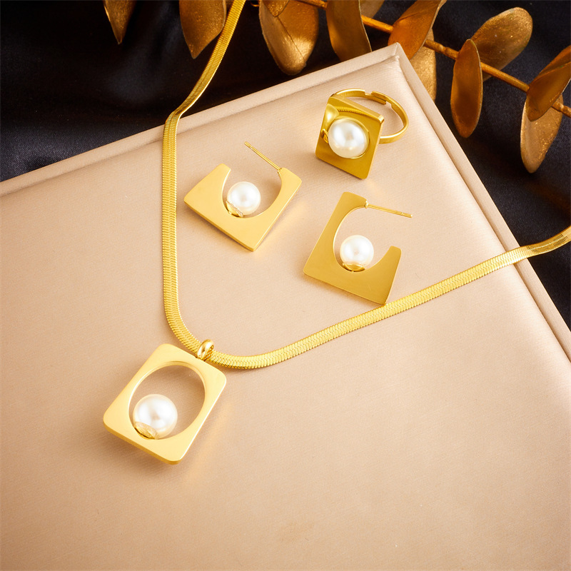 European and American style retro unique irregular gold-plated stainless steel pearl square ring, earrings and necklace three-piece set