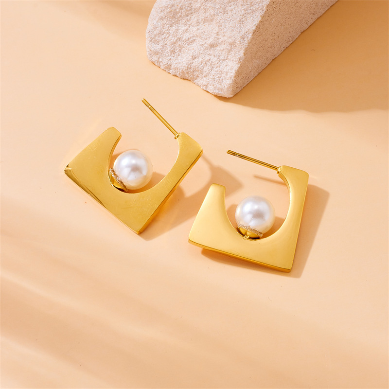 European and American style retro unique irregular gold-plated stainless steel pearl square ring, earrings and necklace three-piece set