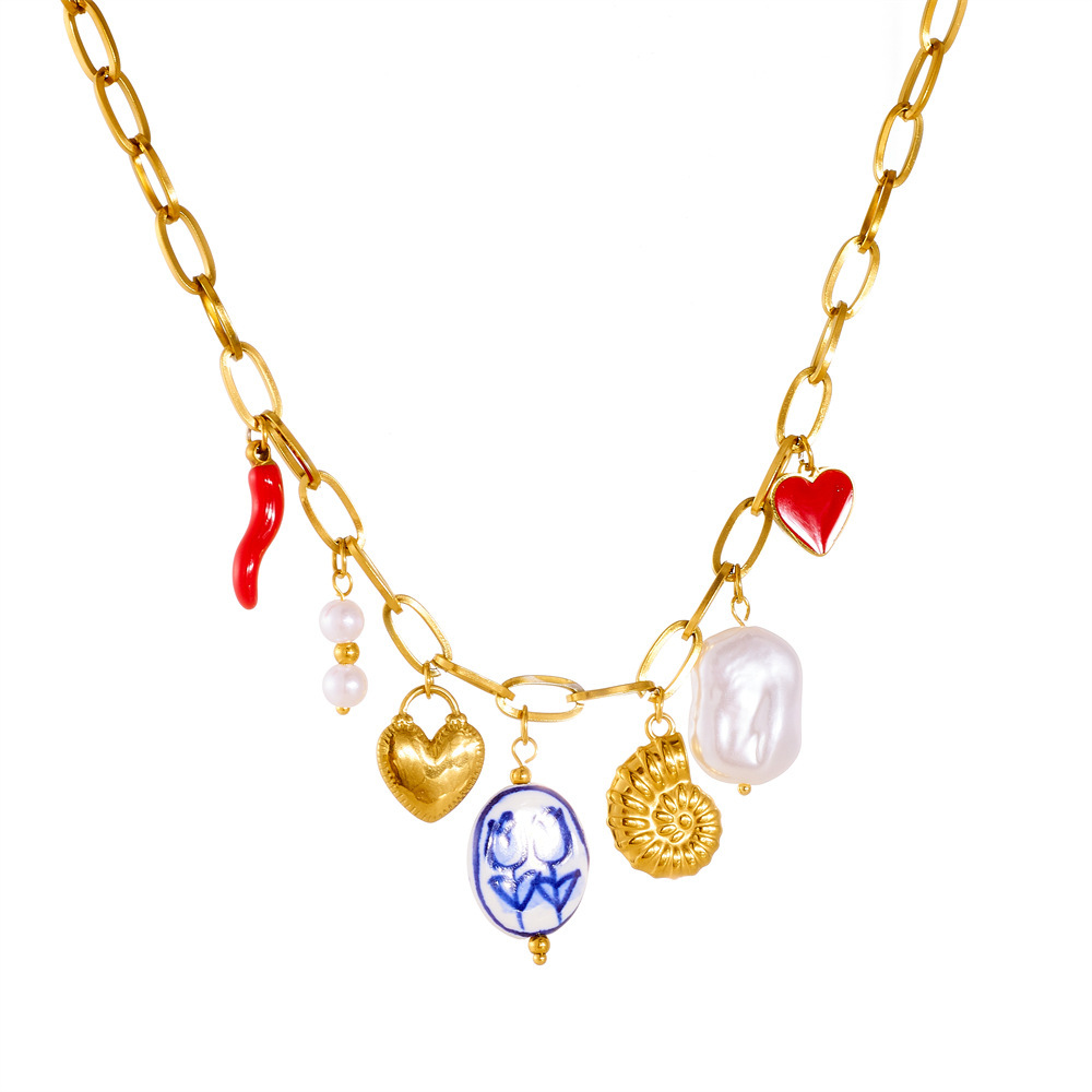 Fashionable cross-border multi-element pendant, gold-plated heart-shaped seashell print, painted pendant, dripping peach heart chili pepper necklace