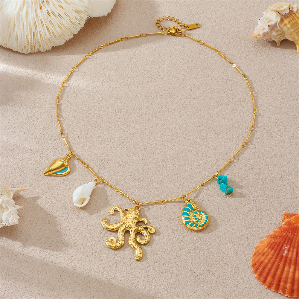 Fashionable, creative, and unique bamboo-joint delicate chain, gold-plated, oil-sprinkled blue conch, octopus, and pebble pendant necklace.