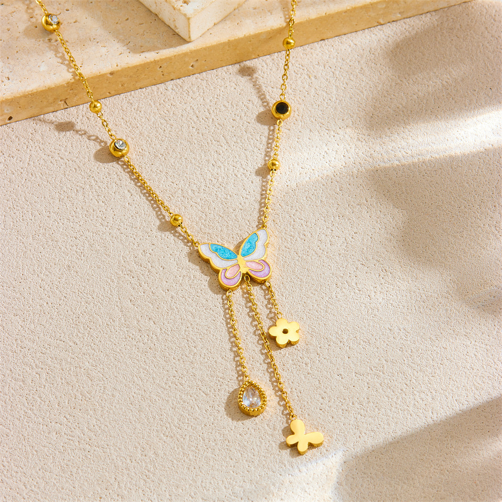 Korean-style fashionable design color-blocked butterfly and flower teardrop pendant chain tassel stainless steel clavicle necklace