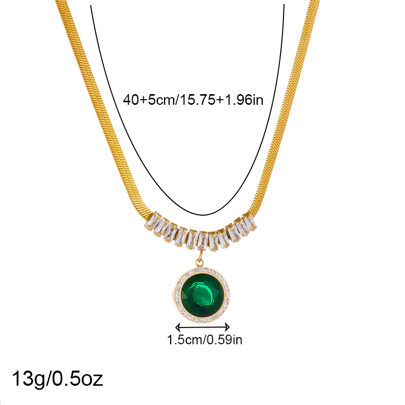 Cross-border fashion best-selling retro round diamond-encrusted emerald pendant stainless steel earrings chain bracelet necklace set
