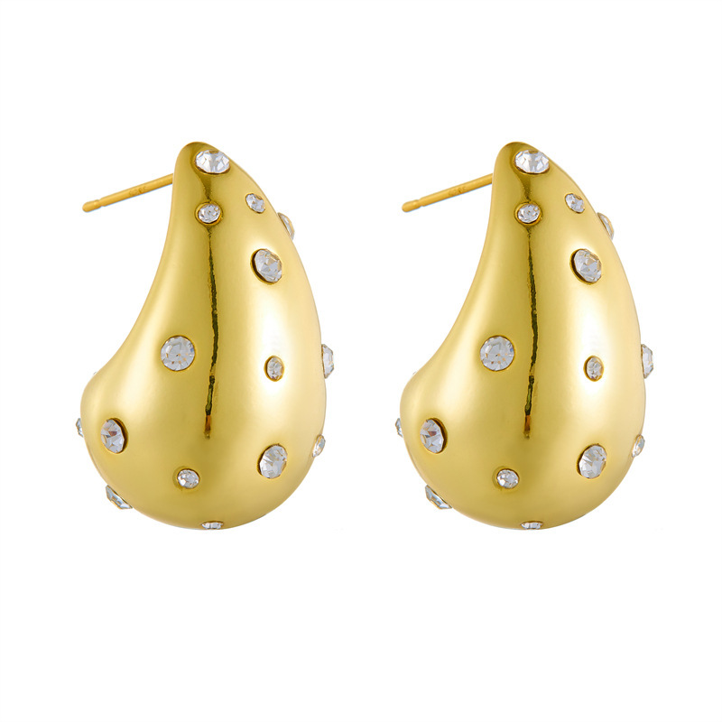 European and American style high-end minimalist diamond-encrusted gold-plated stainless steel teardrop earrings