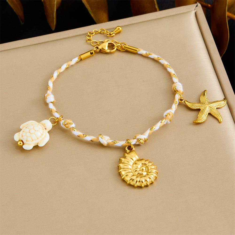 Korean style fashion cross-border ocean series starfish, conch, turtle pendant stainless steel woven rope simple jewelry bracelet