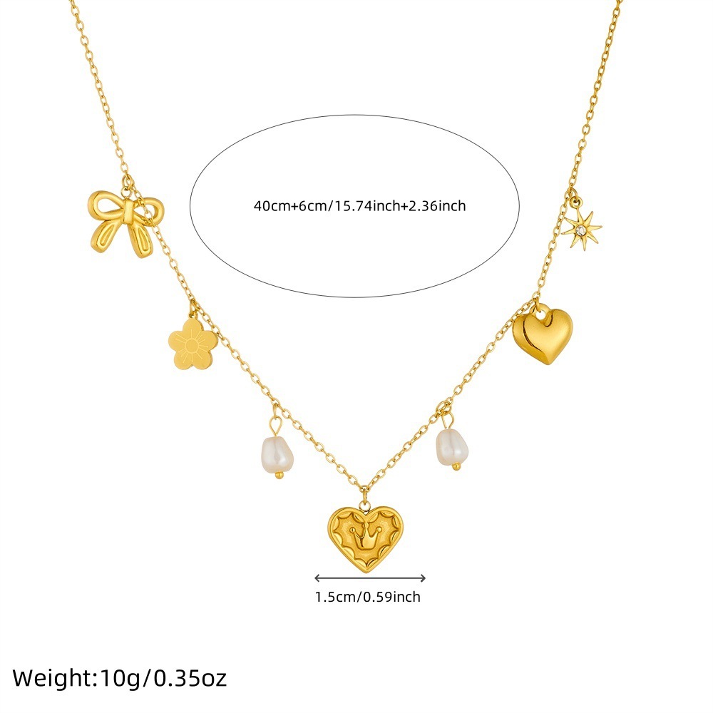 Korean style, fashionable and simple design, multi-element accessories, stainless steel heart crown bow pearl chain necklace