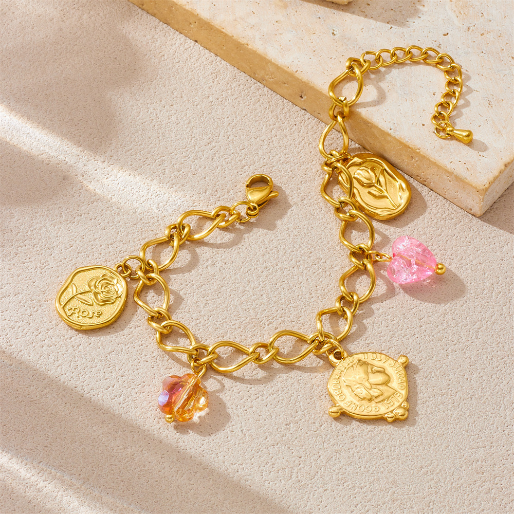 European and American style summer new fashionable and versatile stainless steel jewelry for women, round rose portrait pendant bracelet.