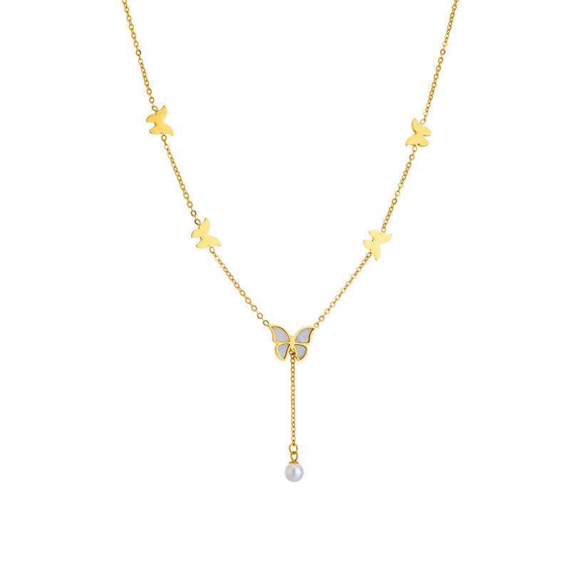 European and American style, simple, light luxury, elegant titanium steel metal chain tassel pearl butterfly pendant necklace.