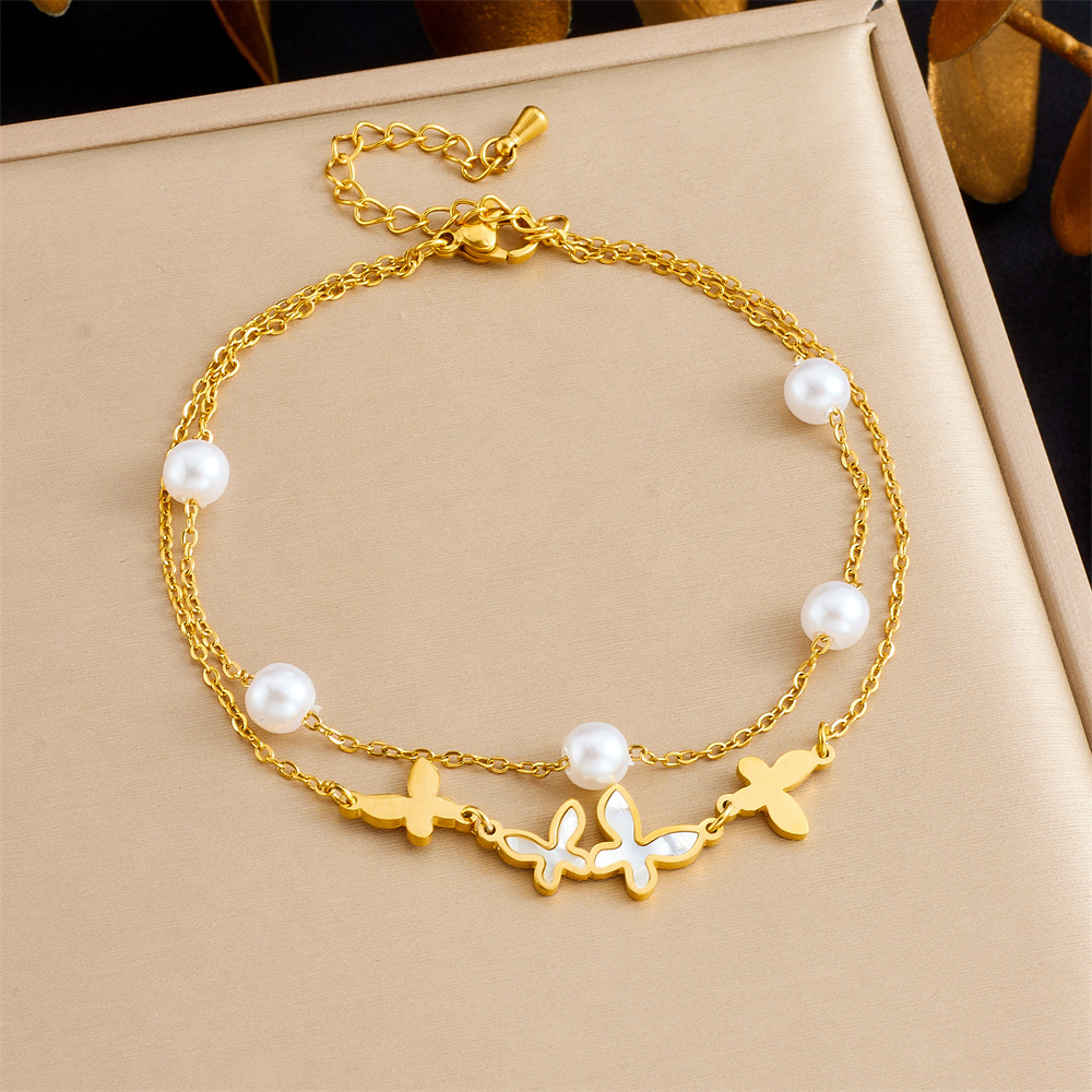 Niche minimalist retro layered double pearl butterfly pendant stainless steel gold-plated jewelry women's anklet