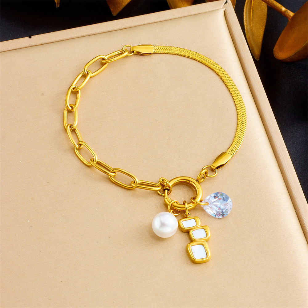 Cross-border fashion, elegant and versatile gold-plated heart-shaped square white shell pearl teardrop pendant irregular stainless steel bracelet
