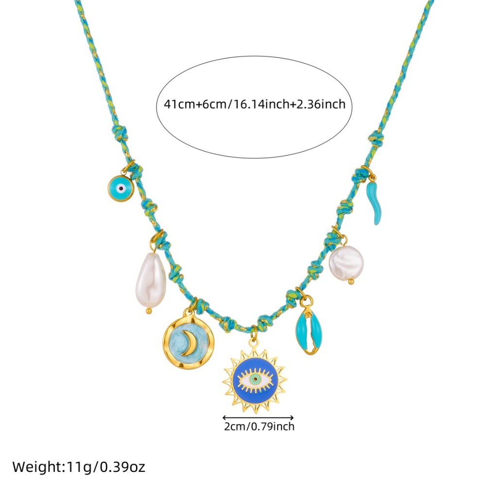 European and American trendy braided seashell moon drop stainless steel women's sun eye pendant necklace