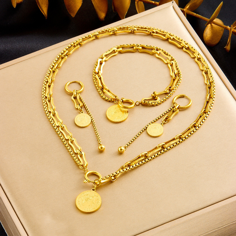 European and American style retro unisex gold-plated stainless steel coin, round, star pendant, tassel earrings, necklace, bracelet