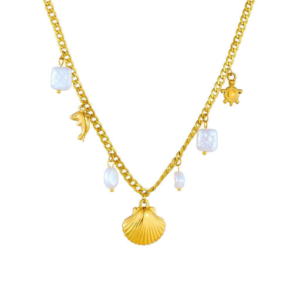 European and American cross-border stainless steel gold-plated seashell dolphin turtle pearl square pendant chain ocean series necklace