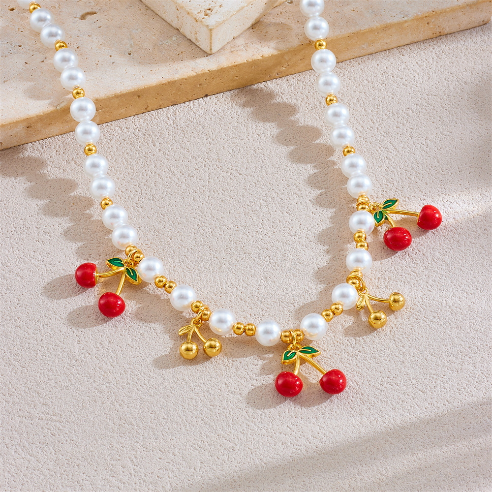 New cross-border fruit series cherry blossom pendant beaded necklace, fresh and sweet, perfect for everyday wear.