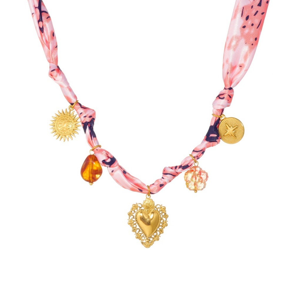 European and American cross-border light luxury retro DIY silk scarf gold-plated lace heart compass sun pendant knotted jewelry set