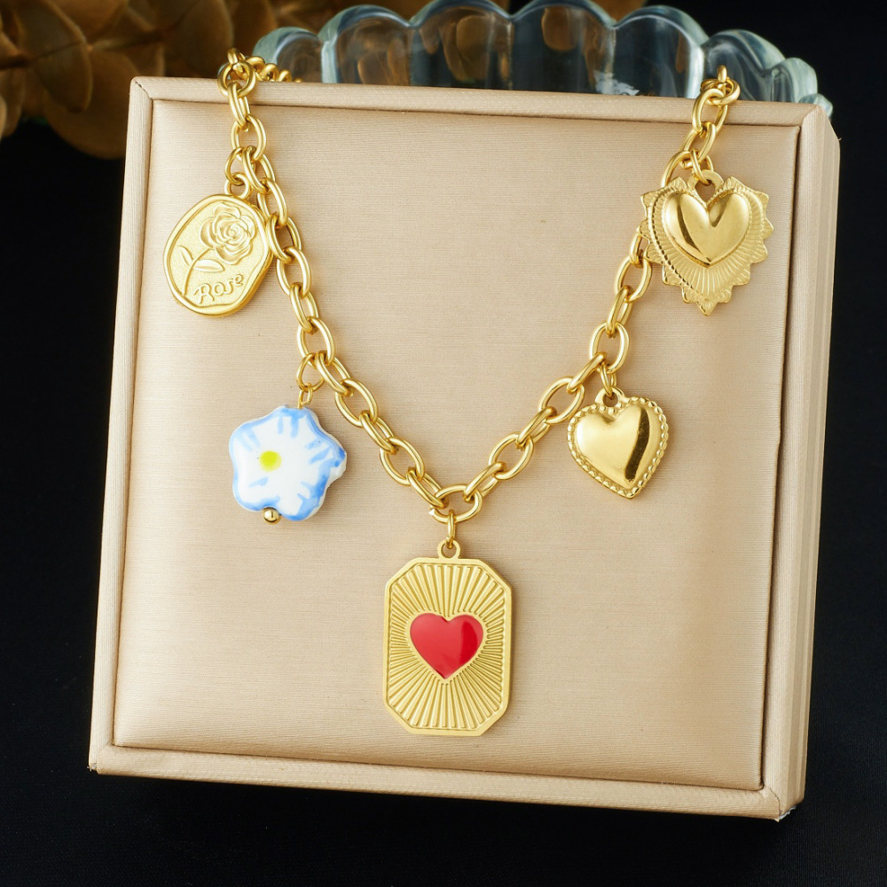 Cross-border niche fashion multi-element pendant ceramic flower drip red heart square pendant chain necklace