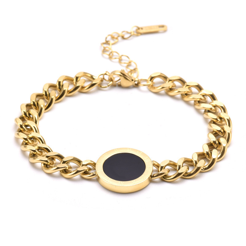 European and American cross-border fashion niche chunky chain black Roman round plaque titanium steel metal jewelry high-end versatile bracelet