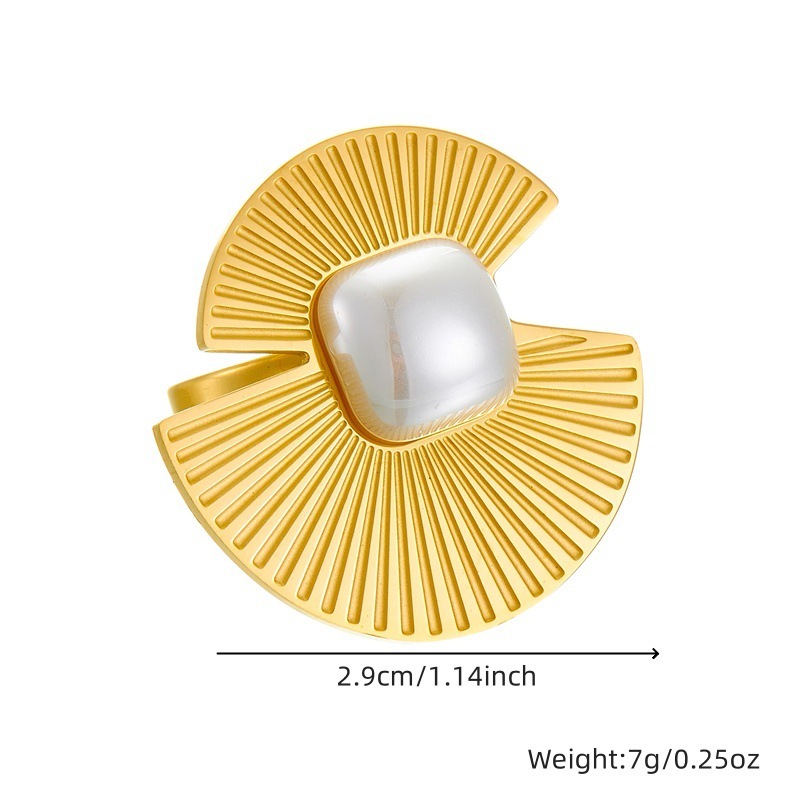 European and American style, retro and high-end, pearl square fan-shaped geometric accessory, stainless steel open ring