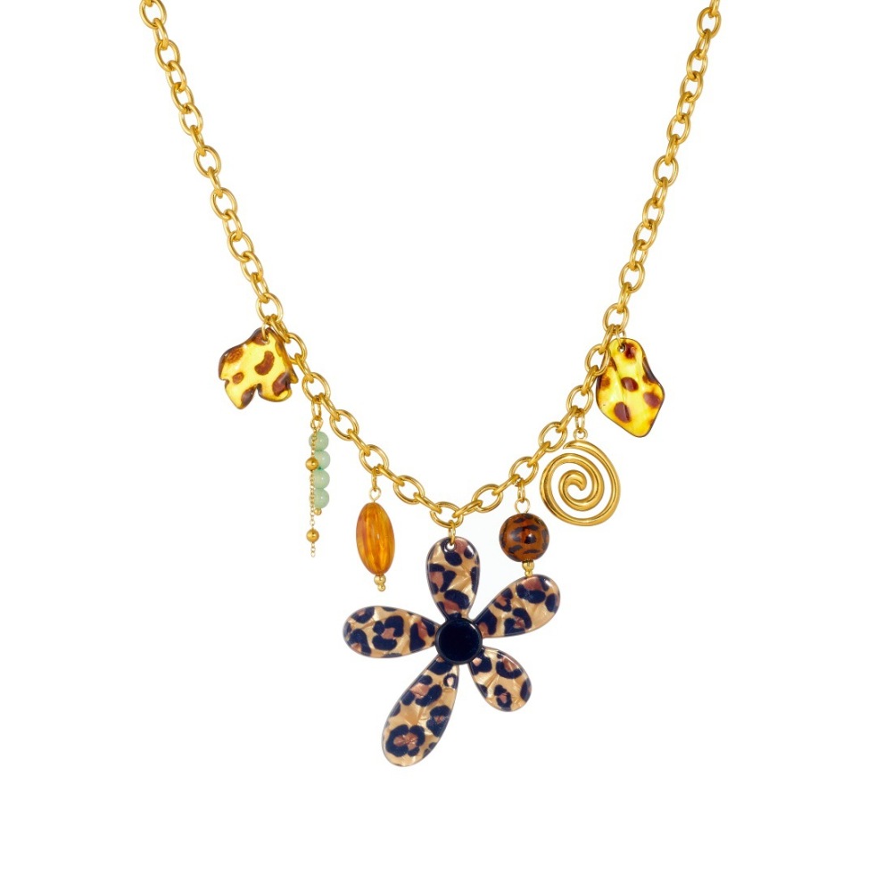 Cross-border fashion creative leopard print acrylic petal flower pendant spiral gold-plated stainless steel tassel necklace
