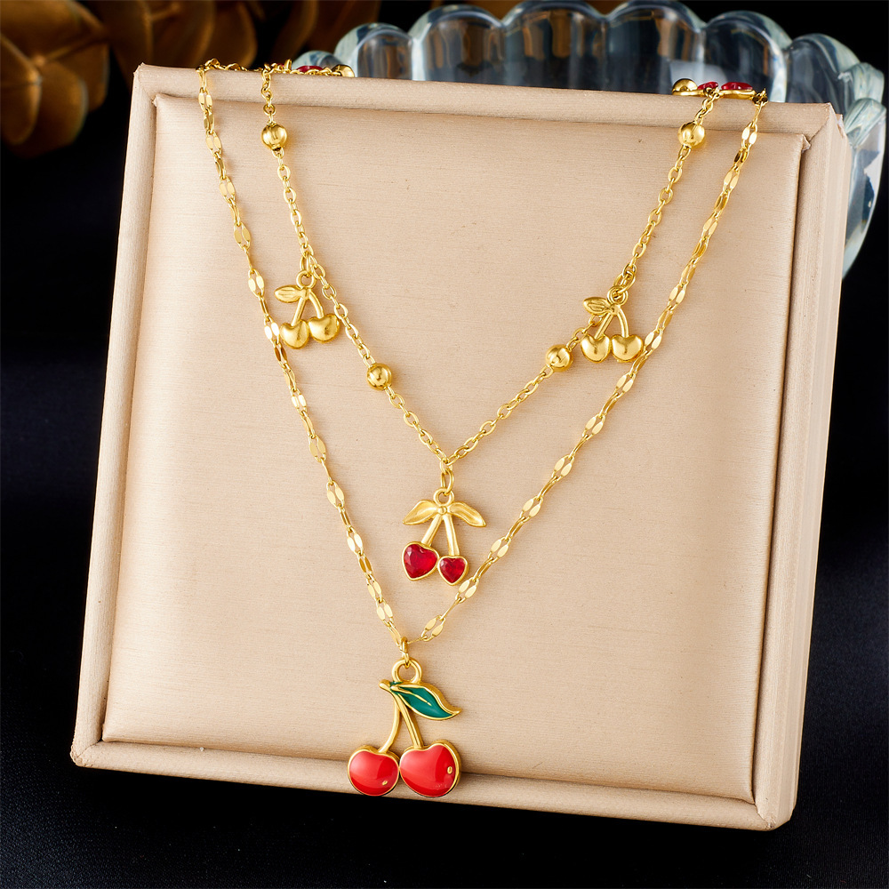 Cross-border fashion diamond-encrusted cherry fruit pendant, large and small, stackable chain, stainless steel gold-plated jewelry necklace