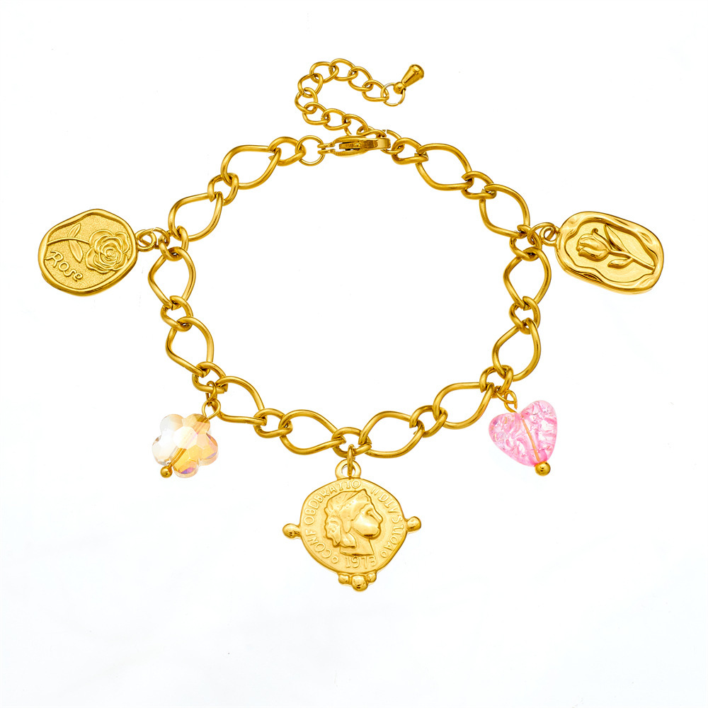 European and American style summer new fashionable and versatile stainless steel jewelry for women, round rose portrait pendant bracelet.