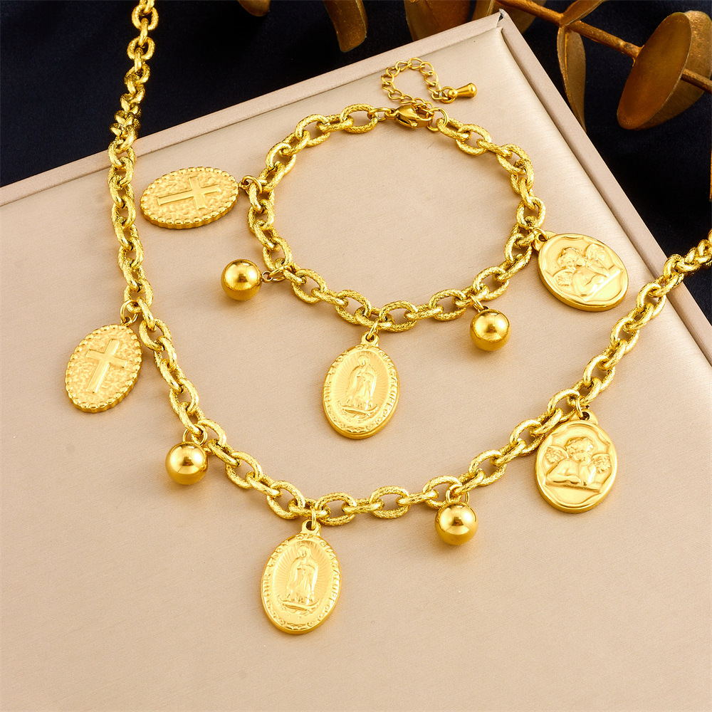 Cross-border fashion gold-plated retro stainless steel oval portrait coin pendant chain jewelry set