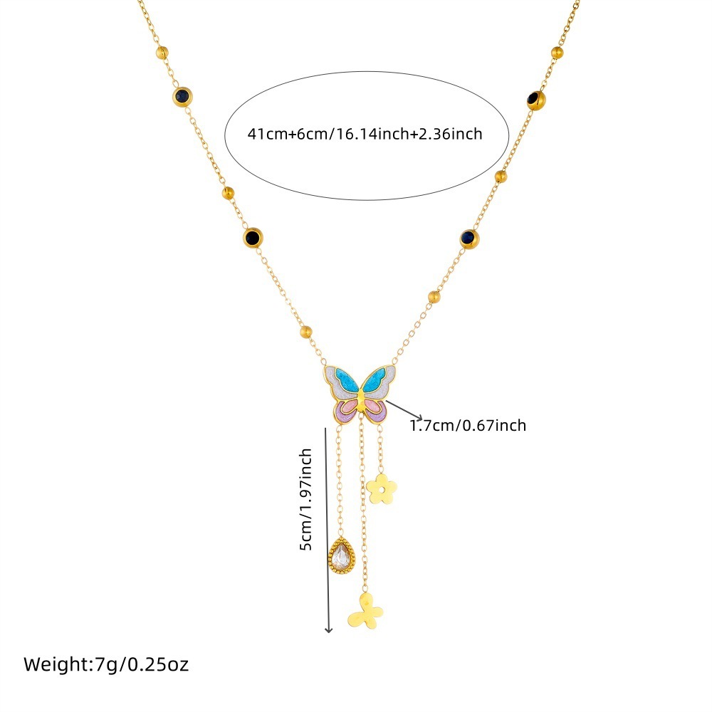 Korean-style fashionable design color-blocked butterfly and flower teardrop pendant chain tassel stainless steel clavicle necklace