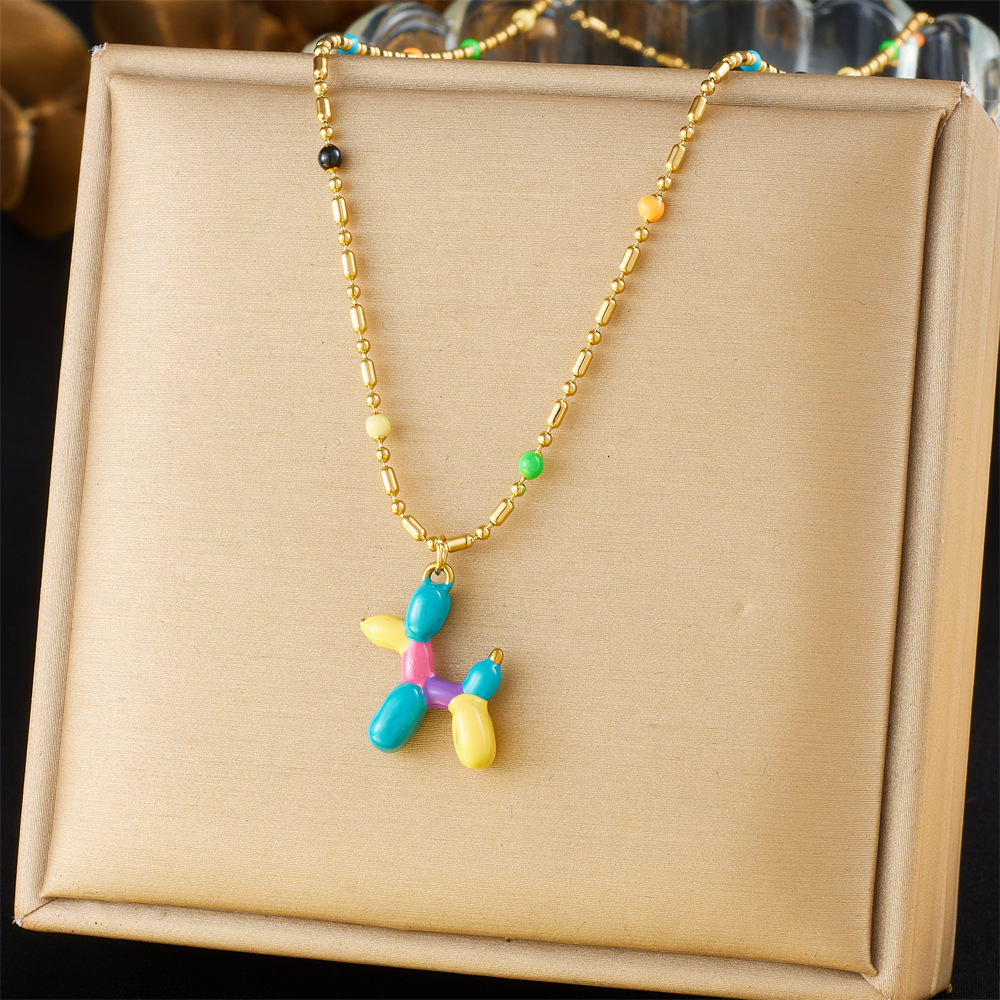 Korean style cartoon dripping colored balloon dog cute 3D dog pendant round bead chain stainless steel necklace