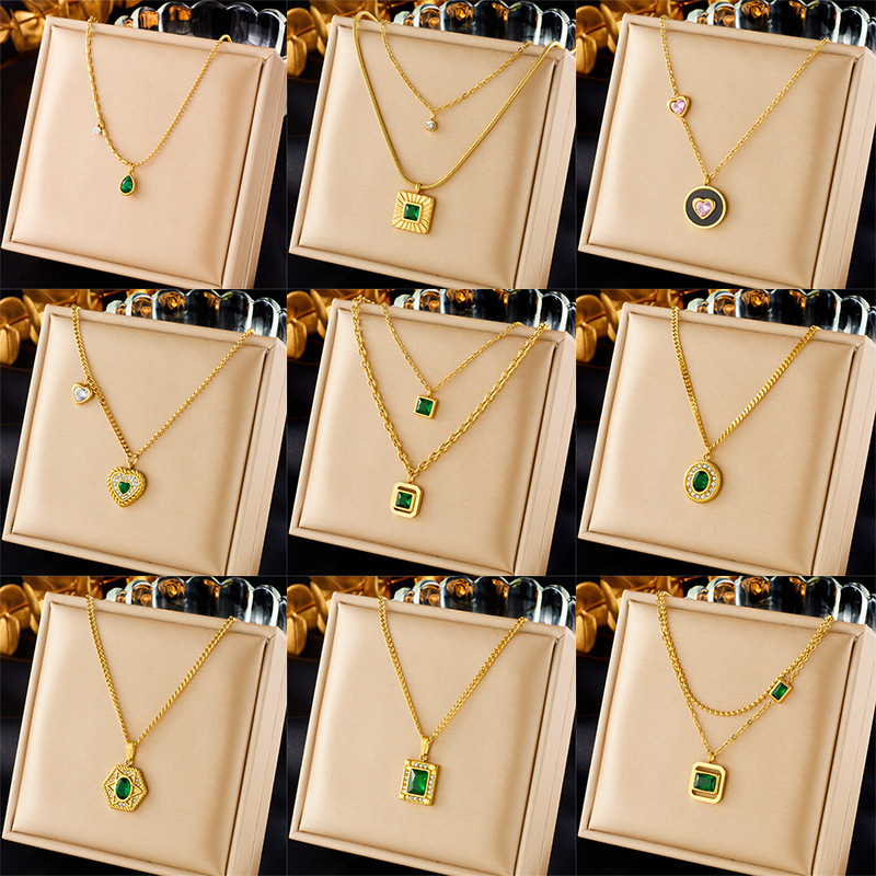 European and American cross-border fashion retro minimalist high-end diamond-encrusted square gold-plated pendant stainless steel chain jewelry necklace