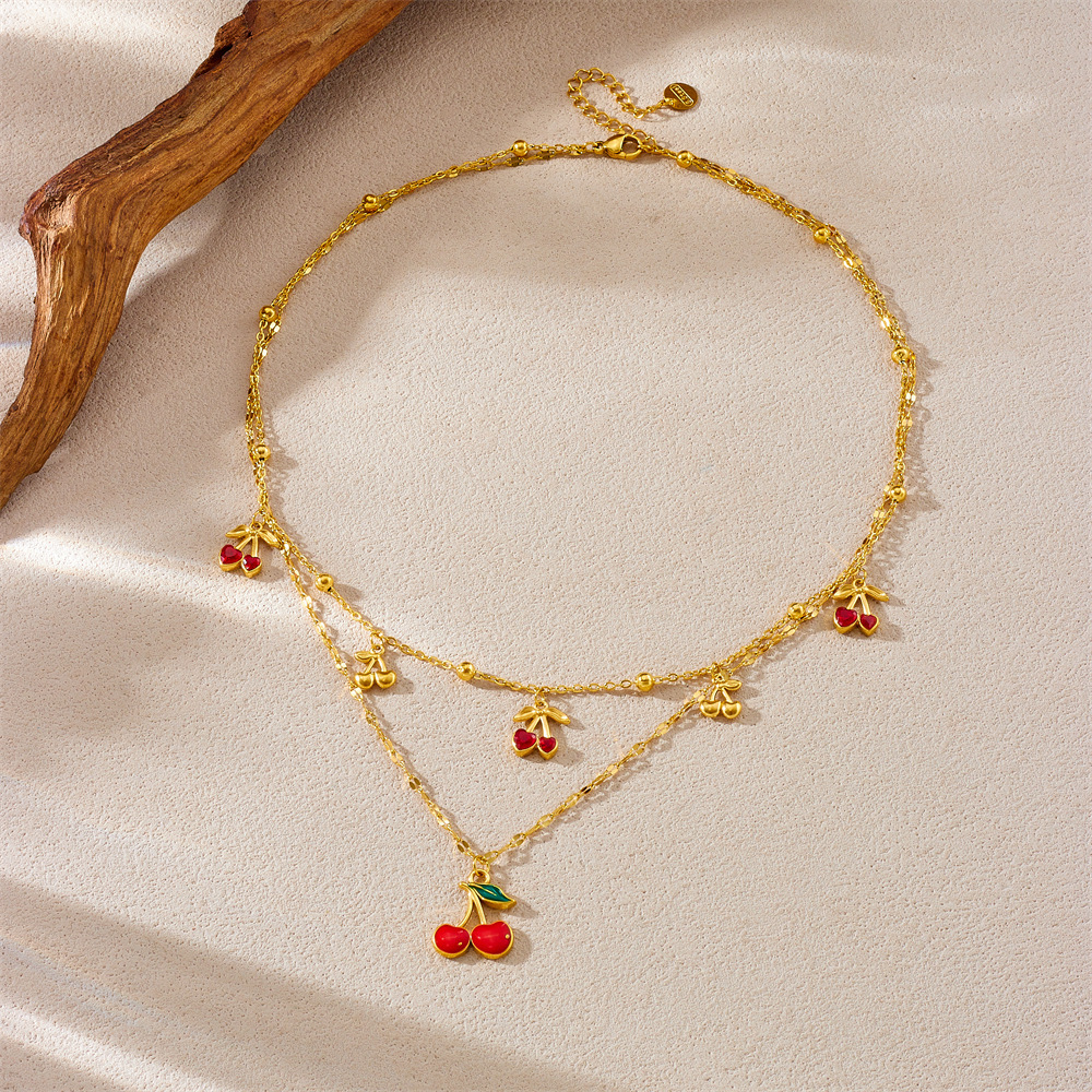 Cross-border fashion diamond-encrusted cherry fruit pendant, large and small, stackable chain, stainless steel gold-plated jewelry necklace