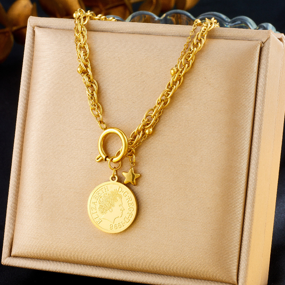 European and American style retro unisex gold-plated stainless steel coin, round, star pendant, tassel earrings, necklace, bracelet