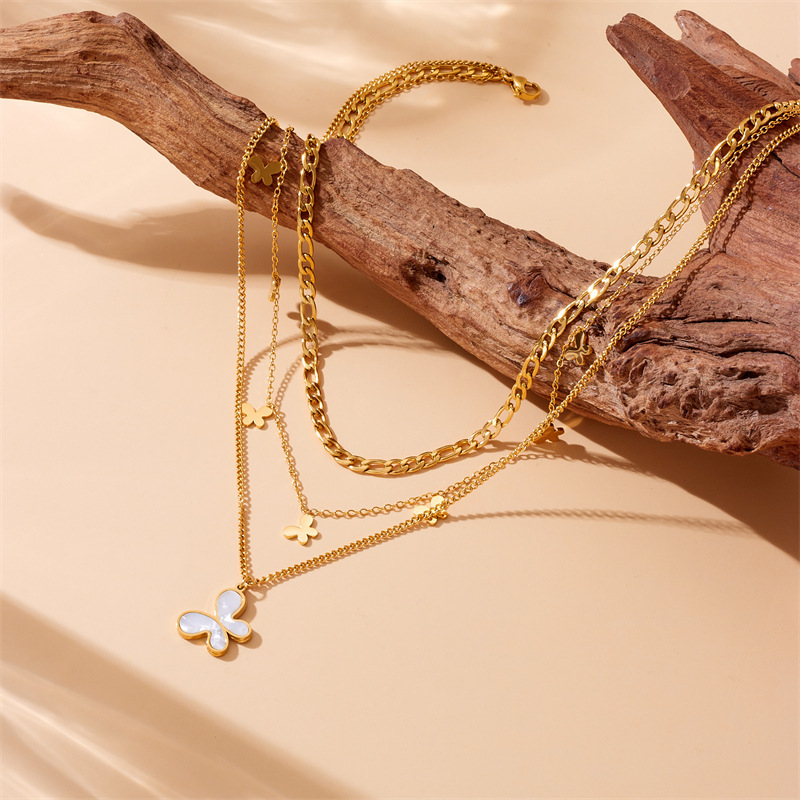 New cross-border fashion multi-layered stainless steel gold-plated chain accessory shell butterfly pendant necklace