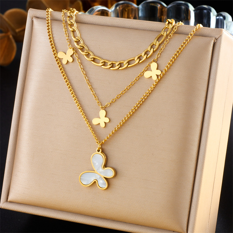 New cross-border fashion multi-layered stainless steel gold-plated chain accessory shell butterfly pendant necklace