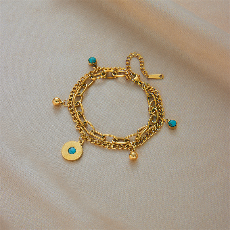 European and American cross-border niche minimalist fashion high-end double-layer retro gold titanium steel round pendant blue turquoise bracelet