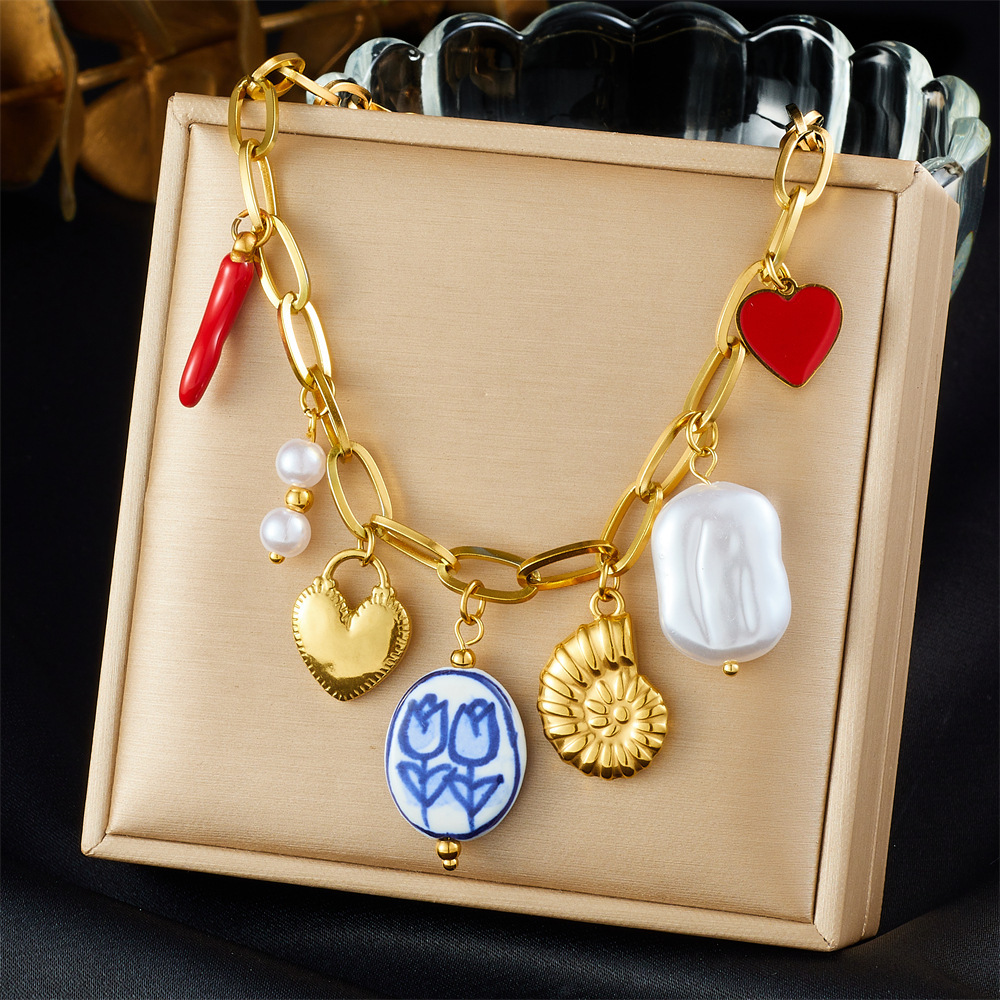 Fashionable cross-border multi-element pendant, gold-plated heart-shaped seashell print, painted pendant, dripping peach heart chili pepper necklace