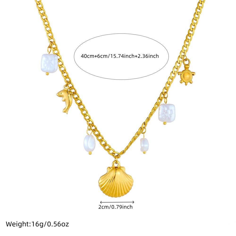 European and American cross-border stainless steel gold-plated seashell dolphin turtle pearl square pendant chain ocean series necklace