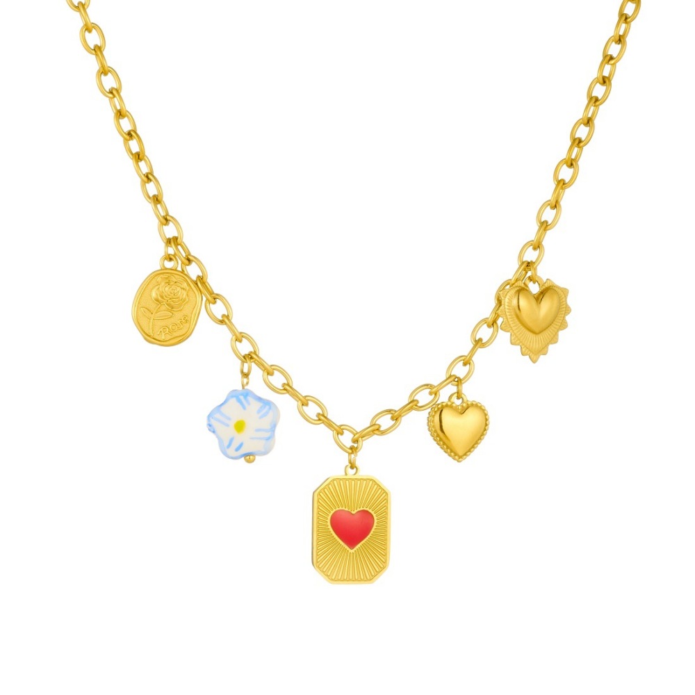 Cross-border niche fashion multi-element pendant ceramic flower drip red heart square pendant chain necklace